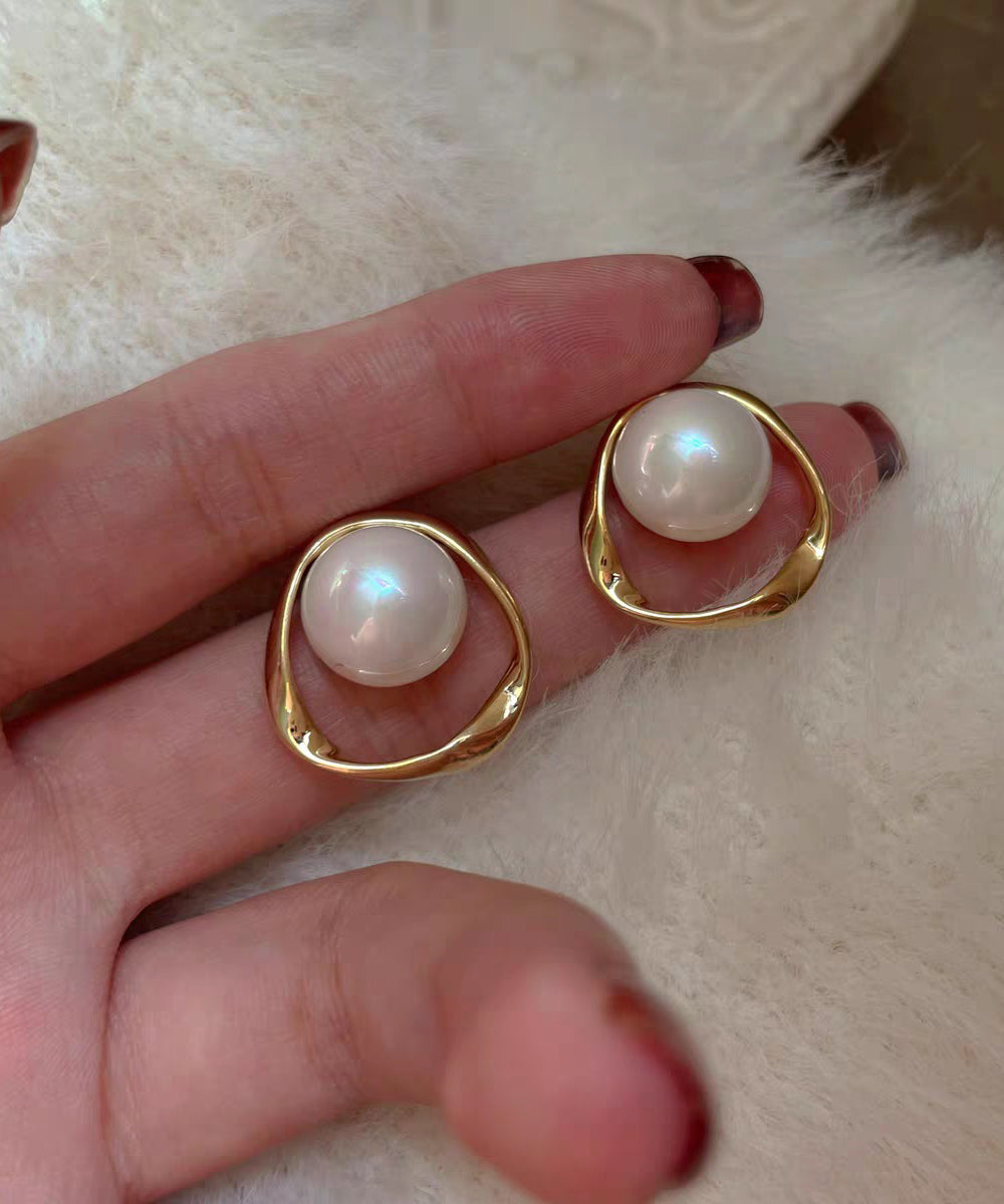 Diy White Copper Overgild Pearl Stud Earrings