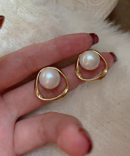 Diy White Copper Overgild Pearl Stud Earrings
