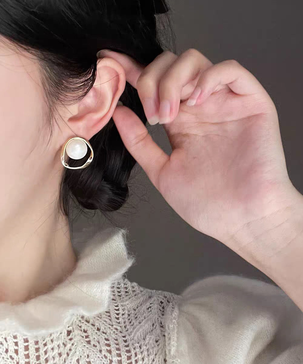 Diy White Copper Overgild Pearl Stud Earrings