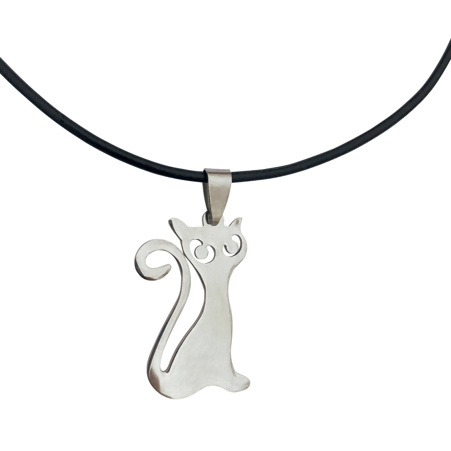 Dragonweave Steel Cat Pendant Necklace on Adjustable Black Leather Cord