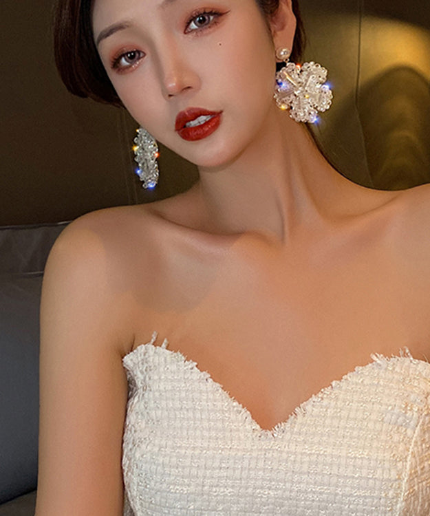 Gold Sterling Silver Zircon Pearl Coloured Glaze Hoop Earrings Ly1799