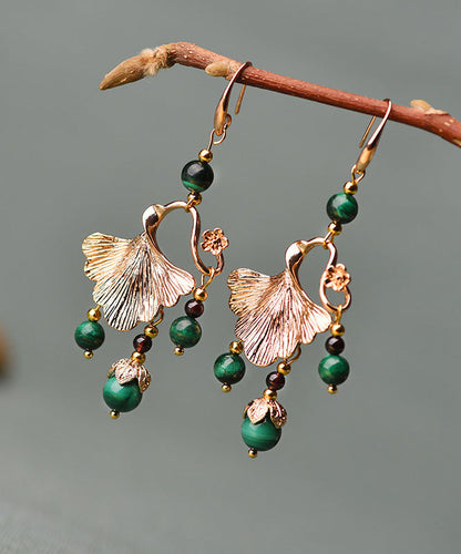 Green Malachite Ginkgo Leaf 14k Gold Drop Earrings