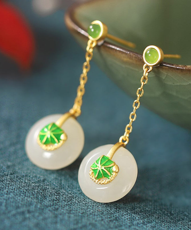 Green Sterling Silver Overgild Jade Lotus Drop Earrings