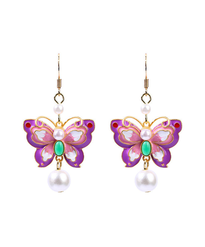 Purple Copper Overgild Acrylic Pearl Butterfly Drop Earrings