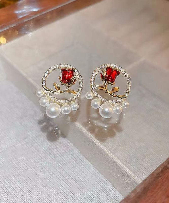 Red Copper Zircon Pearl Rose Stud Earrings