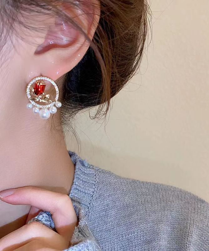 Red Copper Zircon Pearl Rose Stud Earrings