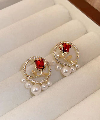 Red Copper Zircon Pearl Rose Stud Earrings