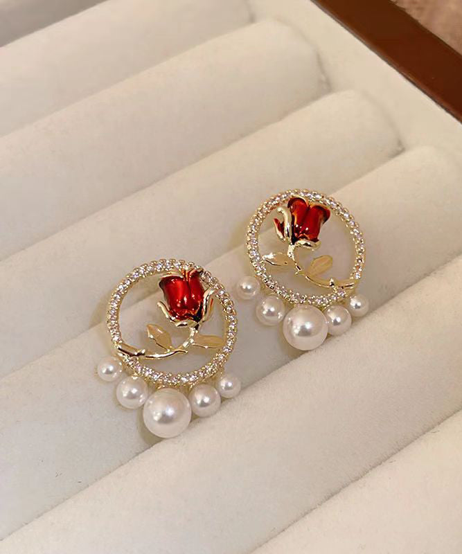 Red Copper Zircon Pearl Rose Stud Earrings