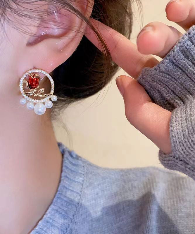 Red Copper Zircon Pearl Rose Stud Earrings