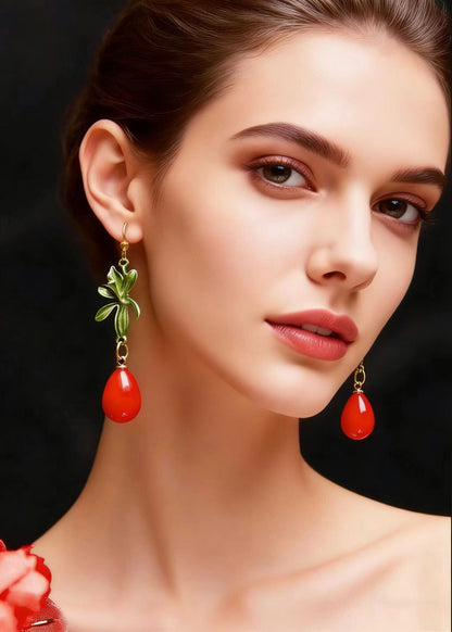 Red Droplet Shape Coral Drop Earrings