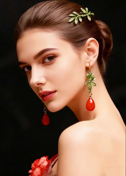 Red Droplet Shape Coral Drop Earrings