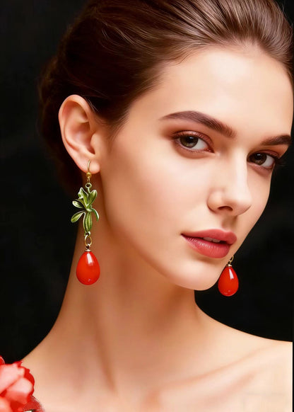 Red Droplet Shape Coral Drop Earrings