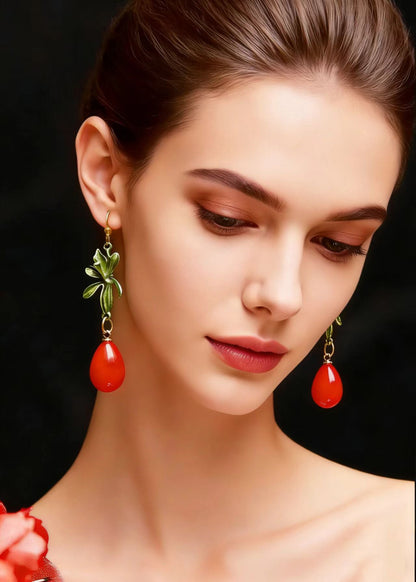 Red Droplet Shape Coral Drop Earrings
