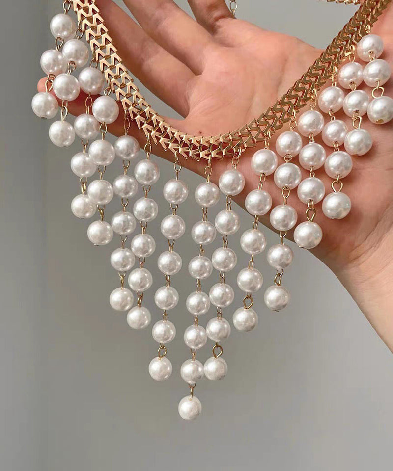 White Alloy Chain Grapes Pearl Tassel Pendant Necklace