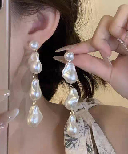 White Alloy Pearl Tassel Drop Earrings