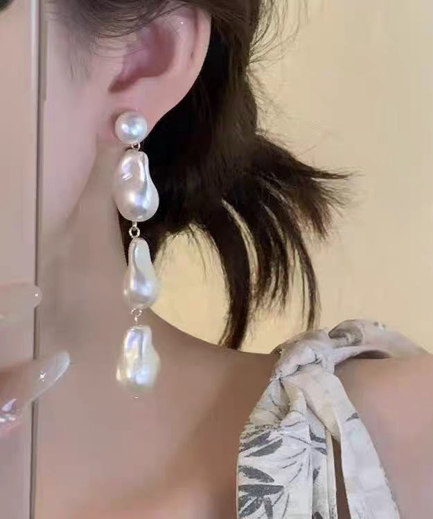 White Alloy Pearl Tassel Drop Earrings
