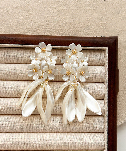 White Copper Acrylic Pearl Jasmine Tassel Stud Earrings