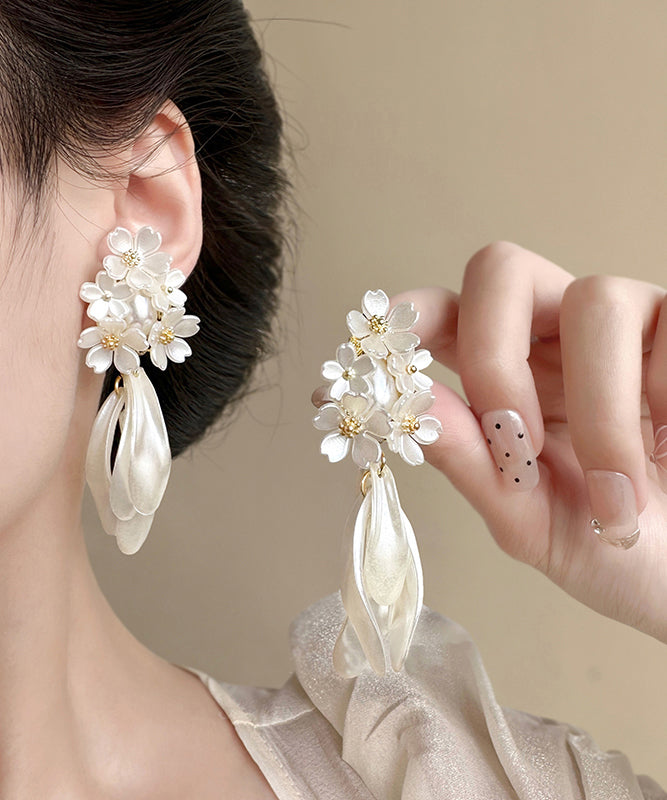 White Copper Acrylic Pearl Jasmine Tassel Stud Earrings