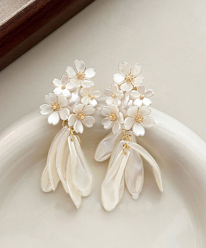 White Copper Acrylic Pearl Jasmine Tassel Stud Earrings