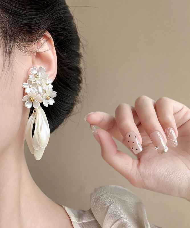 White Copper Acrylic Pearl Jasmine Tassel Stud Earrings