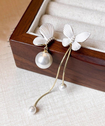 White Copper Alloy Asymmetry Butterfly Pearl Tassel Drop Earrings