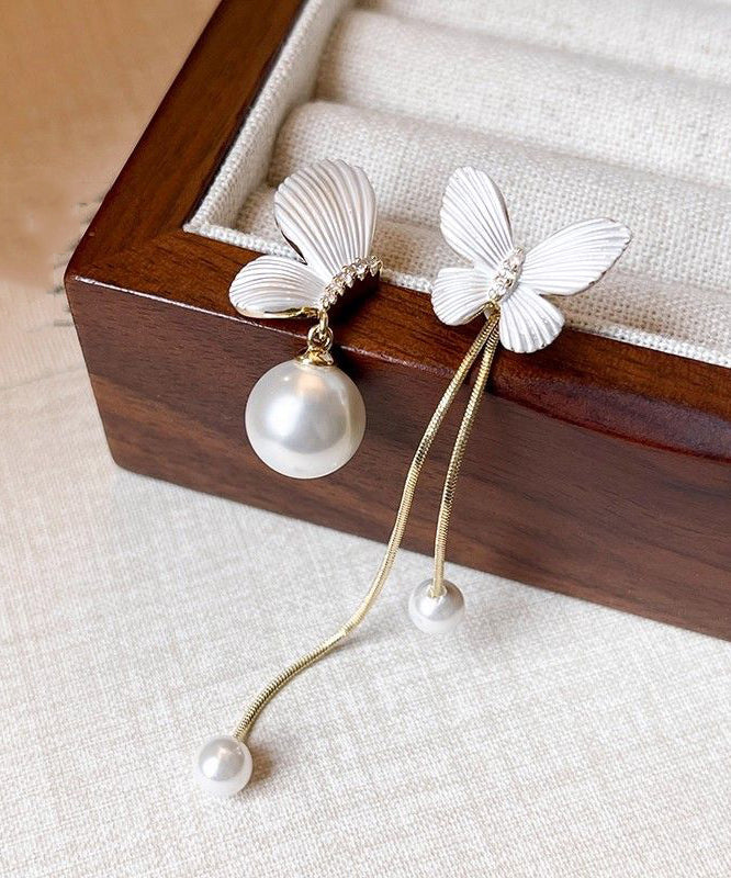 White Copper Alloy Asymmetry Butterfly Pearl Tassel Drop Earrings