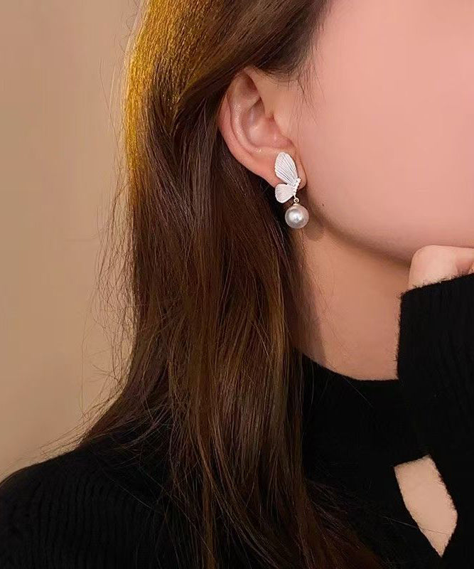 White Copper Alloy Asymmetry Butterfly Pearl Tassel Drop Earrings