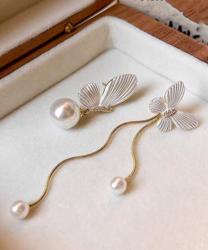 White Copper Alloy Asymmetry Butterfly Pearl Tassel Drop Earrings