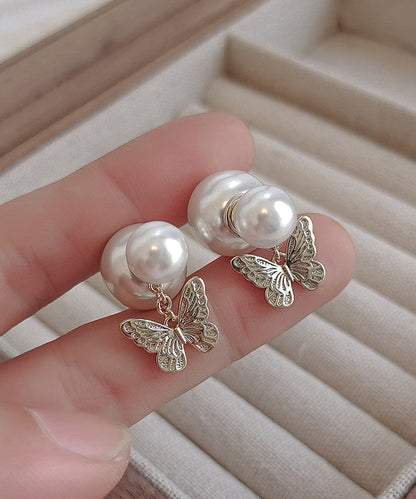 White Copper Butterfly Pearl Stud Earrings