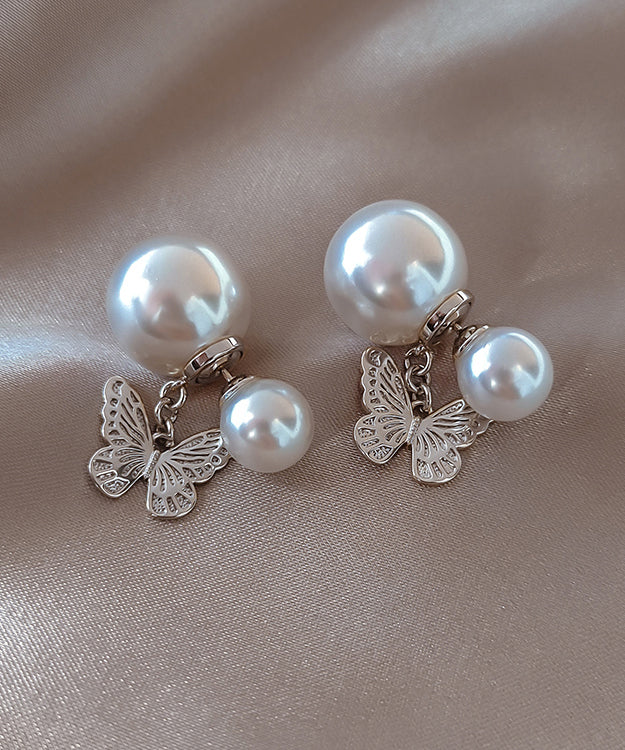 White Copper Butterfly Pearl Stud Earrings