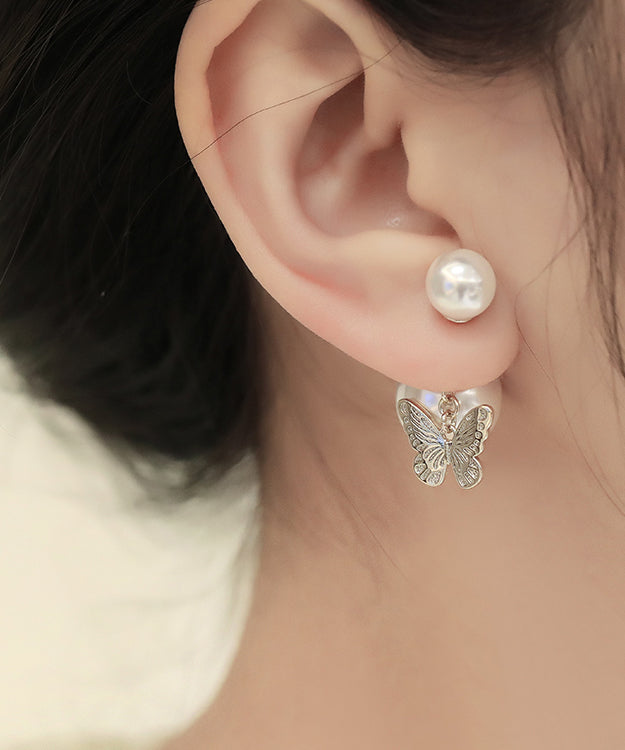 White Copper Butterfly Pearl Stud Earrings
