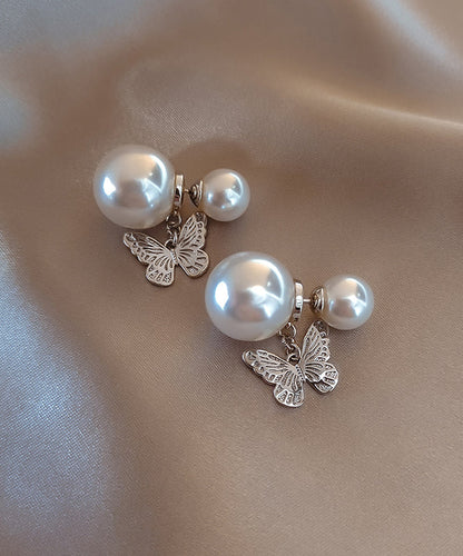 White Copper Butterfly Pearl Stud Earrings
