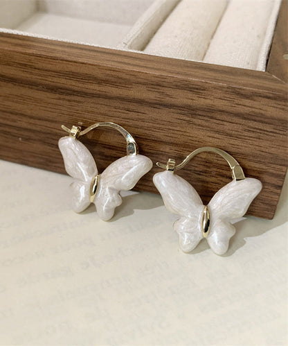 White Copper Overgild Drop Glaze Butterfly Hoop Earrings