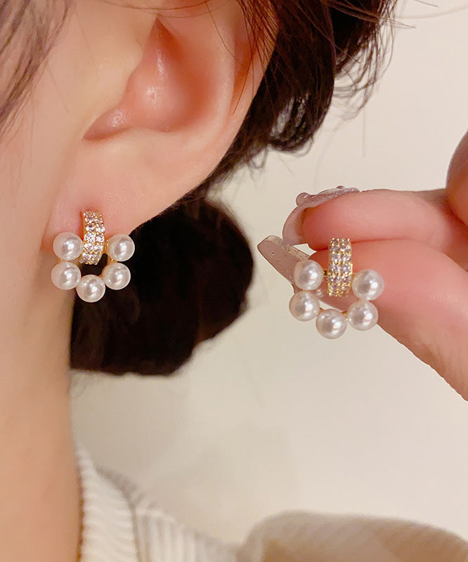White Copper Overgild Zircon Pearl Stud Earrings