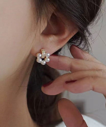 White Copper Overgild Zircon Pearl Stud Earrings