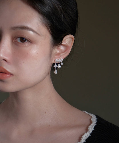 White Copper Zircon Pearl Tassel Drop Earrings