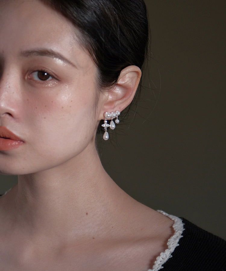 White Copper Zircon Pearl Tassel Drop Earrings