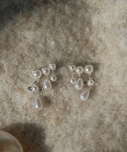 White Copper Zircon Pearl Tassel Drop Earrings
