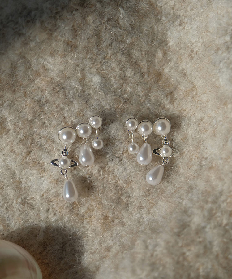 White Copper Zircon Pearl Tassel Drop Earrings