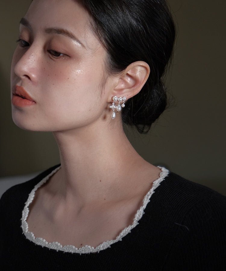 White Copper Zircon Pearl Tassel Drop Earrings