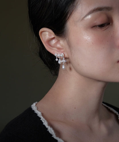 White Copper Zircon Pearl Tassel Drop Earrings