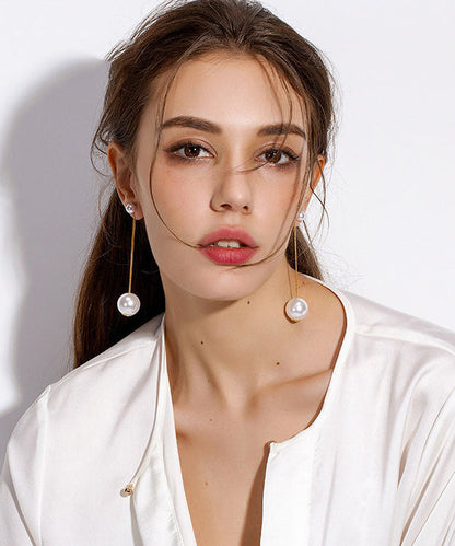 White Long Tasseled Pearl Drop Earrings