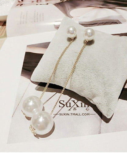White Long Tasseled Pearl Drop Earrings