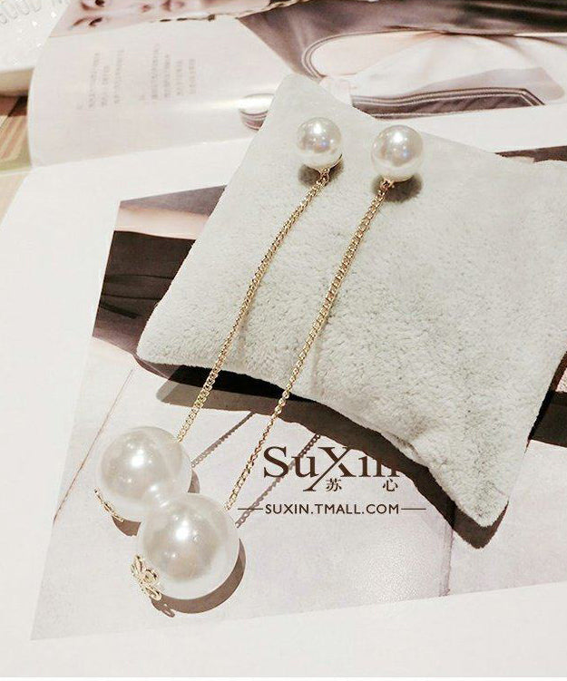 White Long Tasseled Pearl Drop Earrings