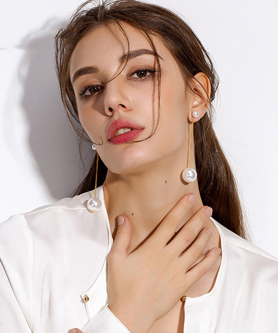 White Long Tasseled Pearl Drop Earrings