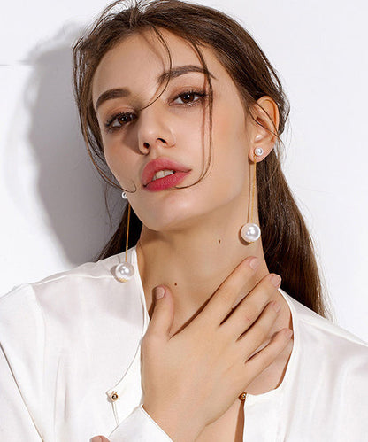 White Long Tasseled Pearl Drop Earrings