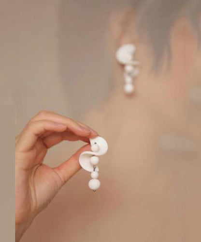 White Stelring Silver Beading Tassel Drop Earrings