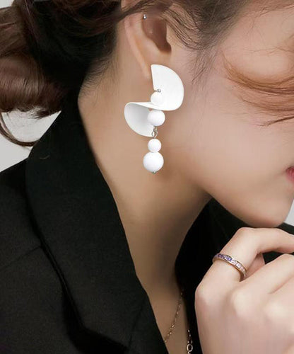 White Stelring Silver Beading Tassel Drop Earrings