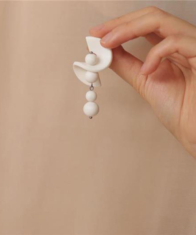 White Stelring Silver Beading Tassel Drop Earrings