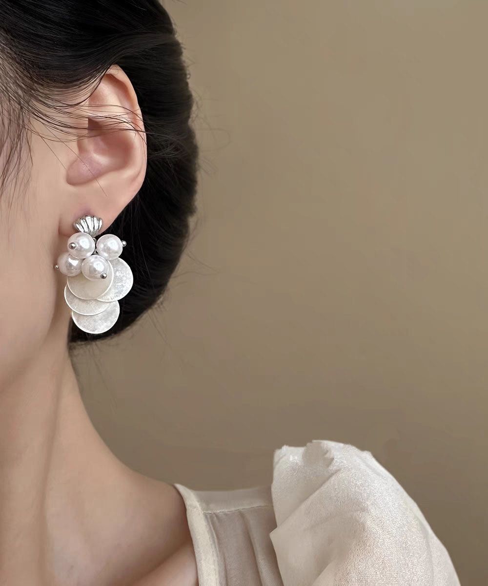 White Sterling Silver Alloy Shell Pearl Tassel Stud Earrings